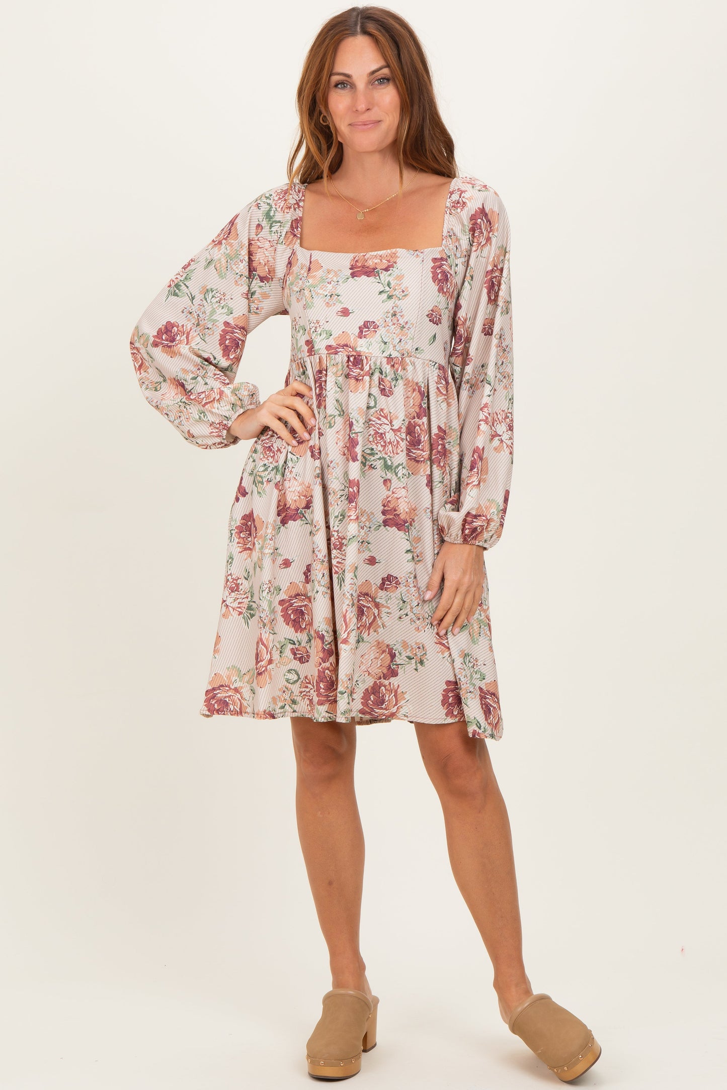 Cream Rose Floral Long Sleeve Maternity Dress