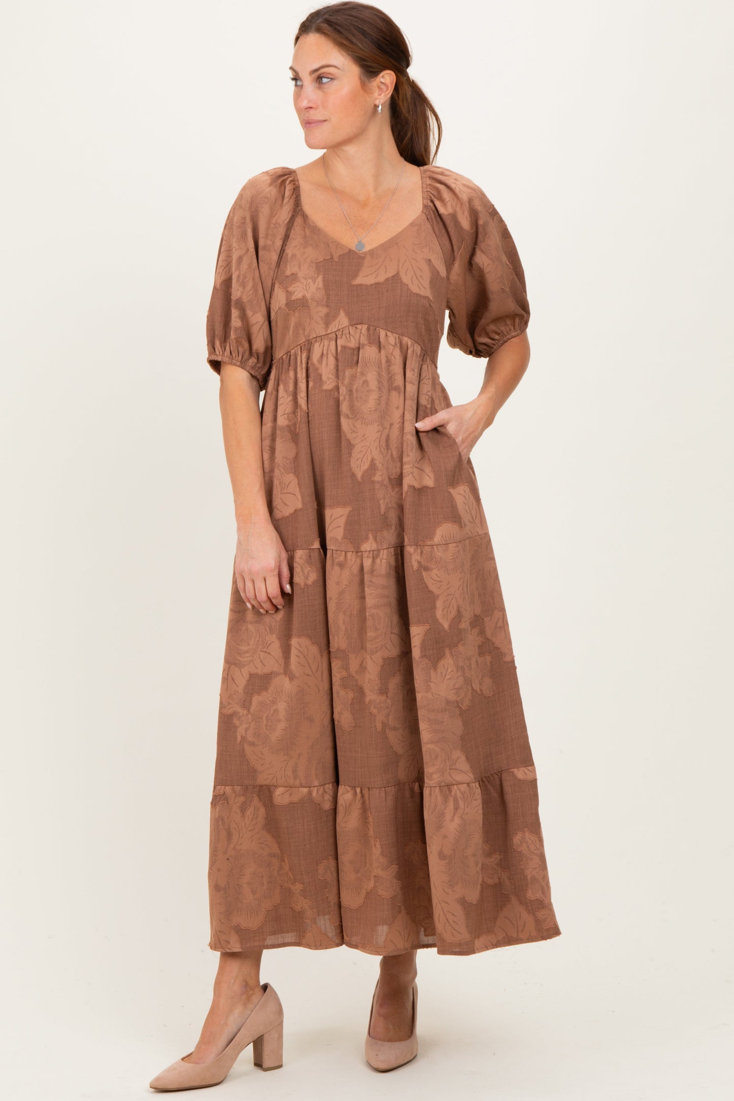 Brown Floral Textured Tiered Midi Maternity Dress
