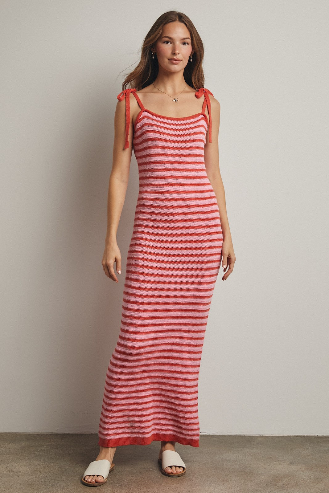 Pink Striped Knit Shoulder Tie Maternity Maxi Dress
