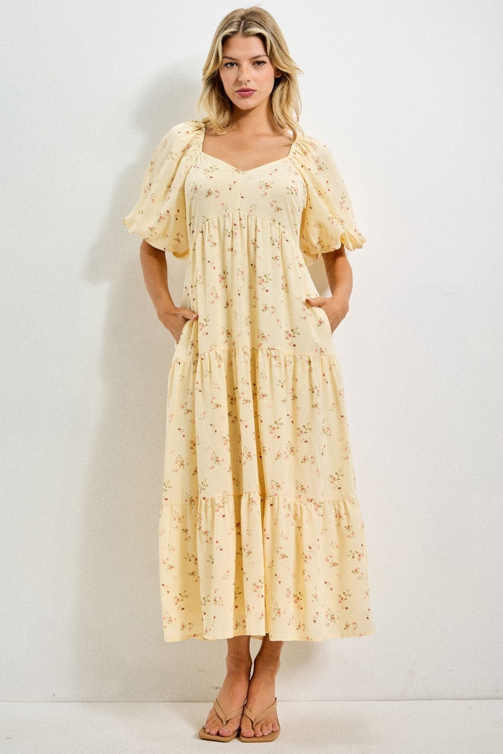 Butter Yellow Floral Tiered Puff Sleeve Maternity Midi Dress