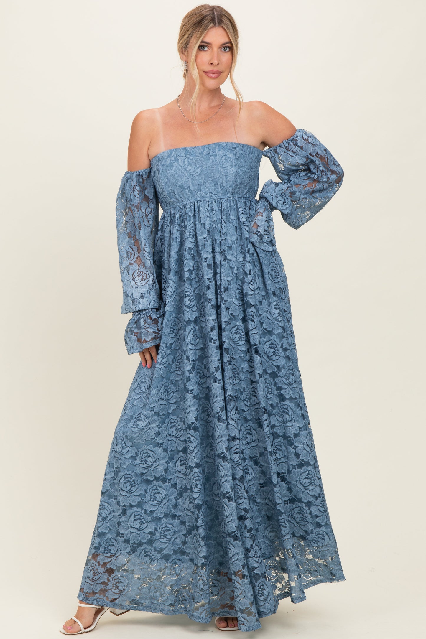Blue Lace Off Shoulder Long Sleeve Maternity Maxi Dress