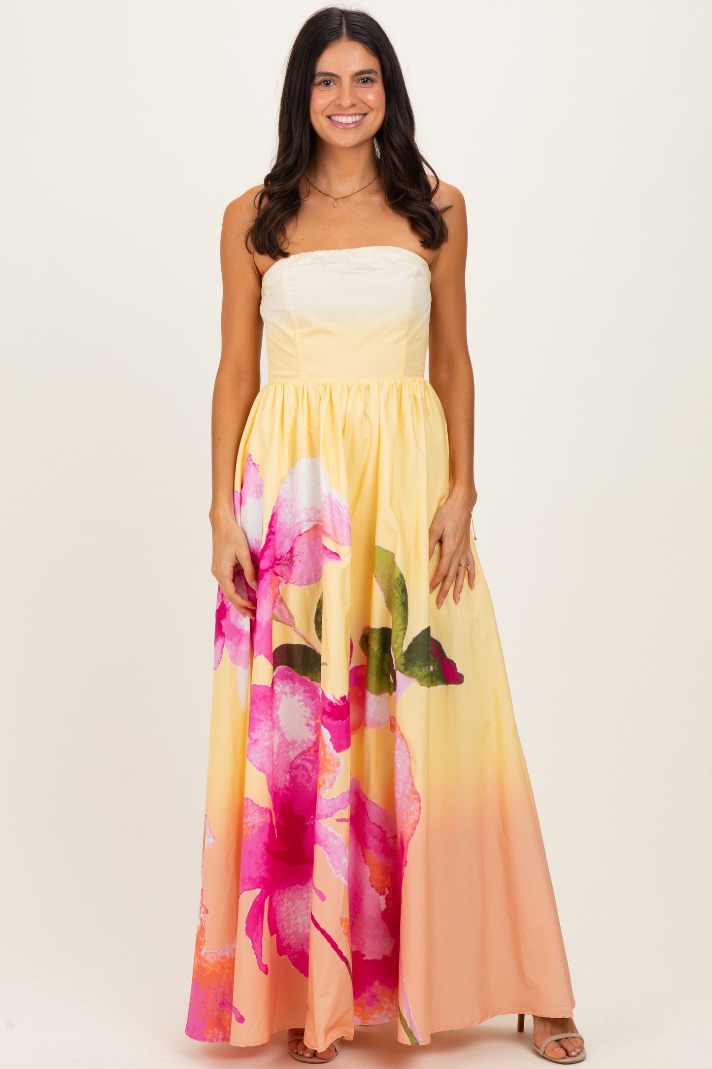 Light Yellow Floral Strapless Maternity Maxi Dress