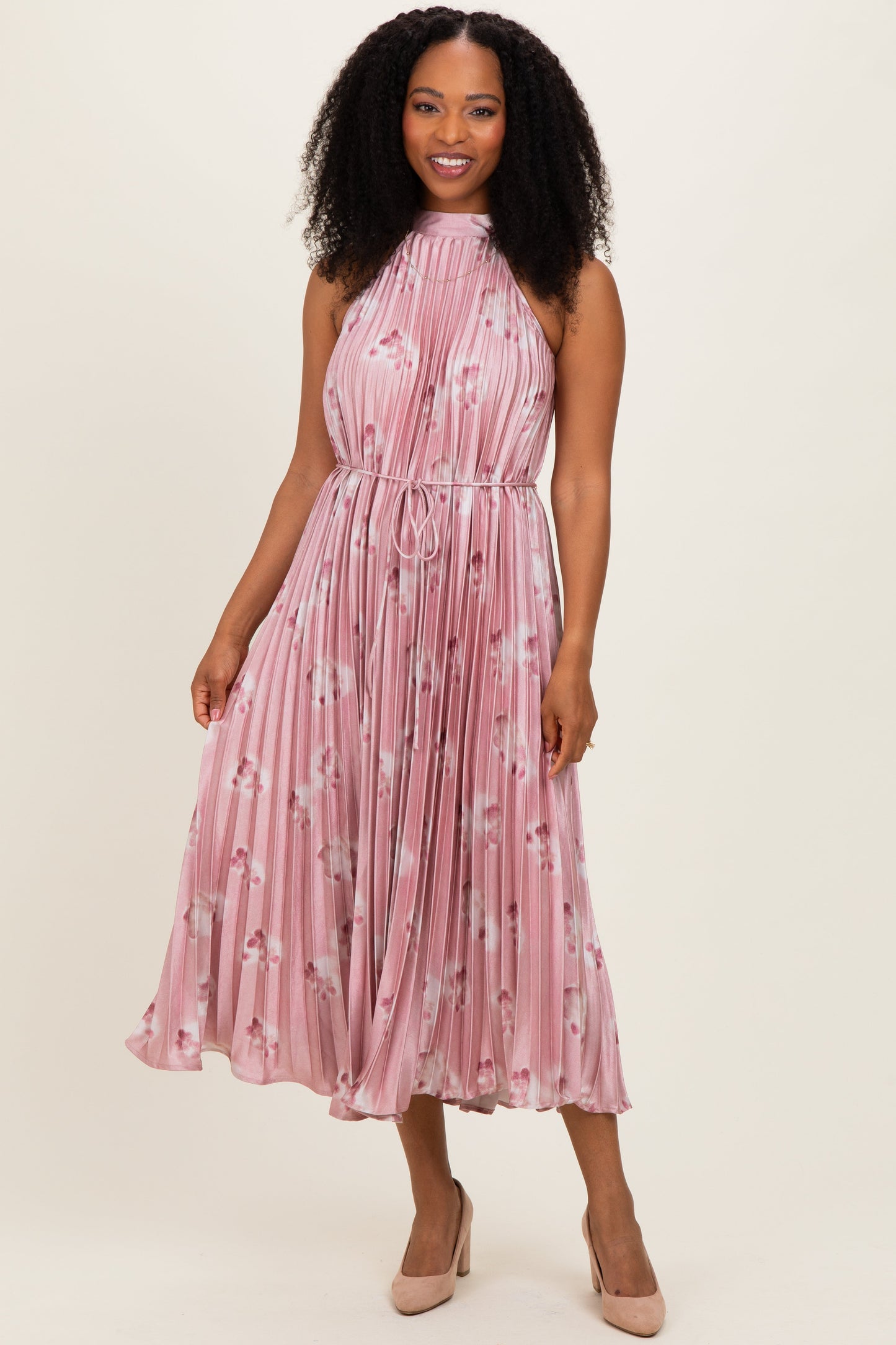 Light Pink Floral Pleated Halter Maternity Midi Dress
