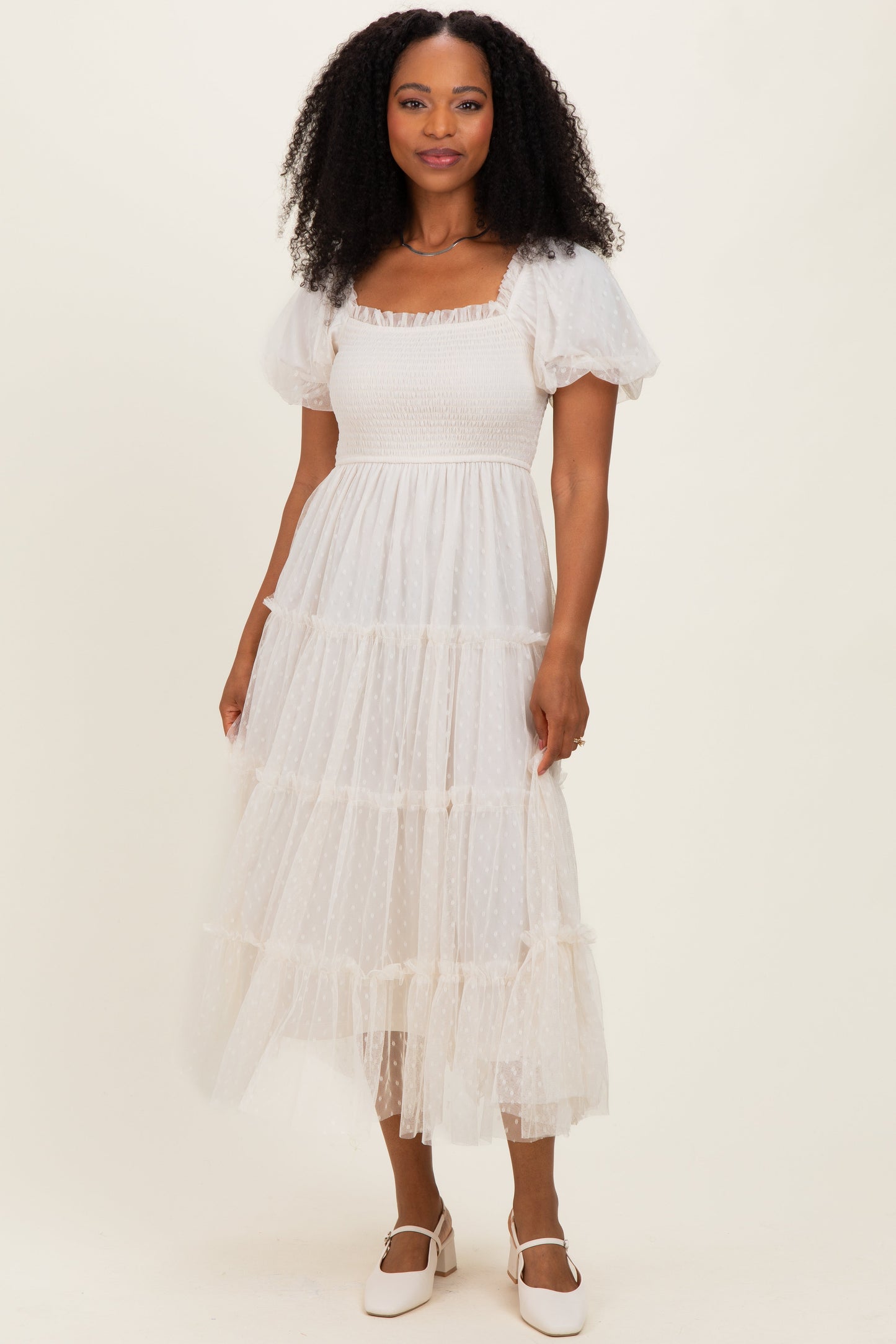CreamTulle Puff Sleeve Smocked Maternity Midi Dress