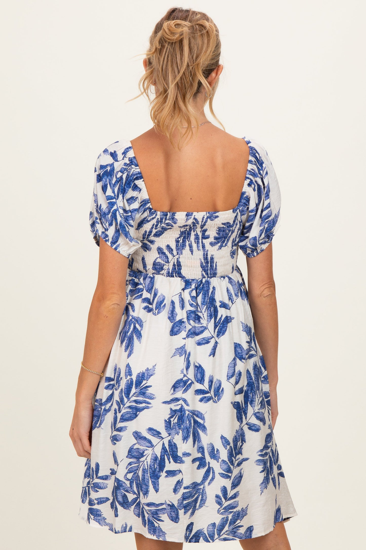 Blue Floral Puff Sleeve Maternity Dress