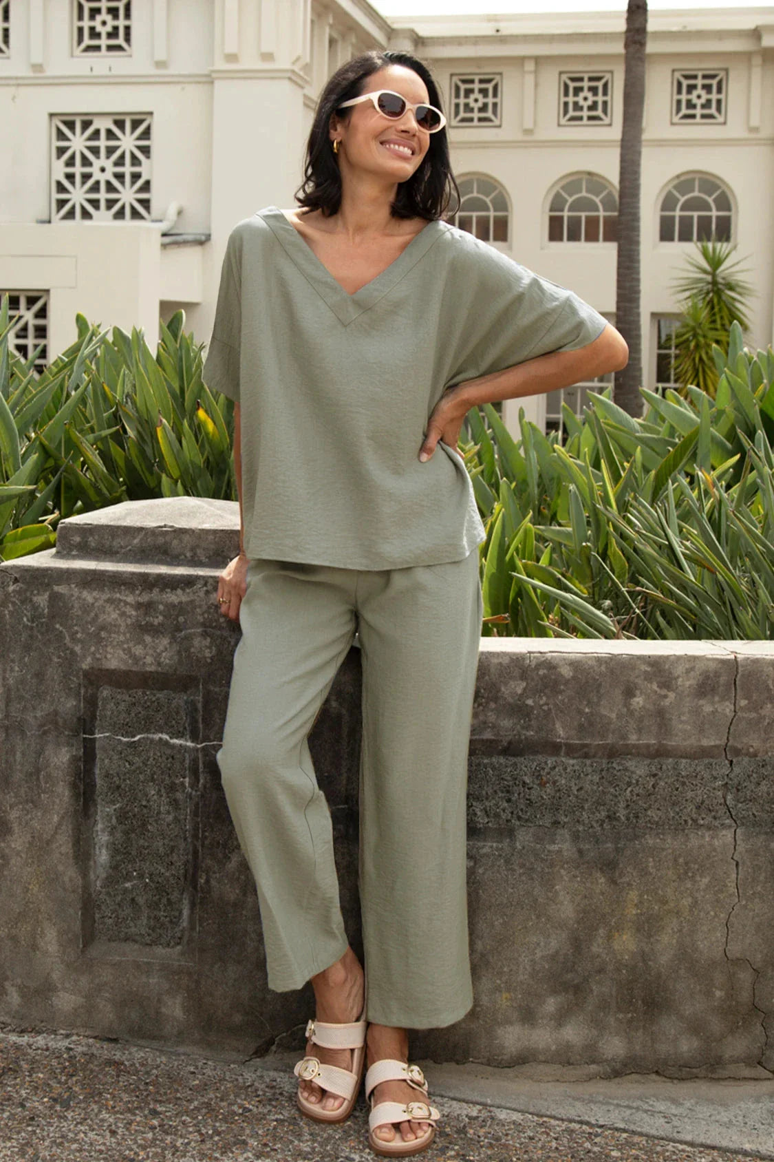 Gemma Short Sleeve V Neck Top Sage