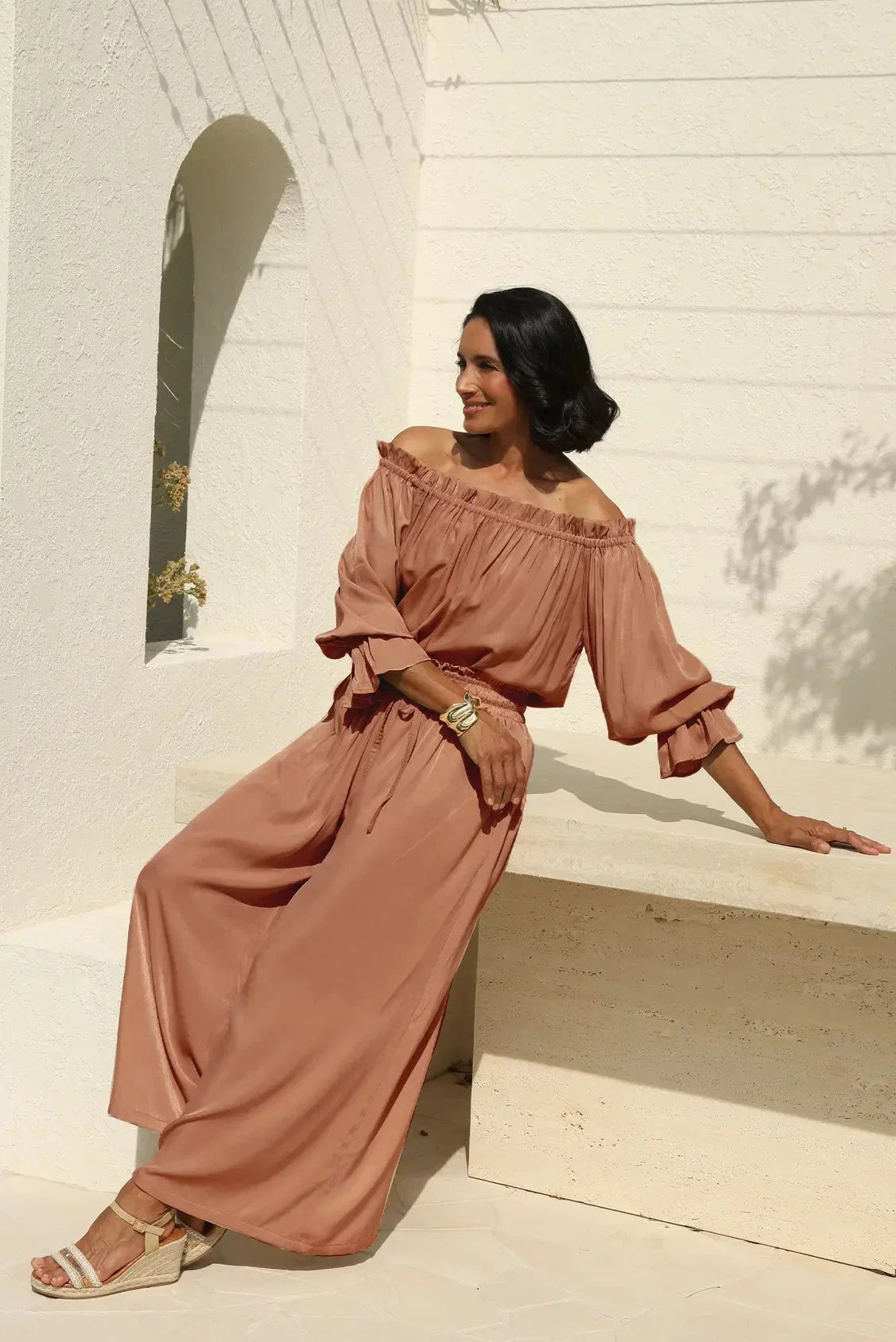 Vittoria Frill Trim Off Shoulder Long Sleeve Top Coffee
