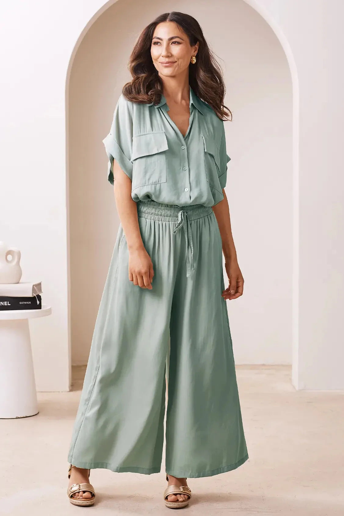 Vittoria Smocked Waist Wide Leg Pants Teal
