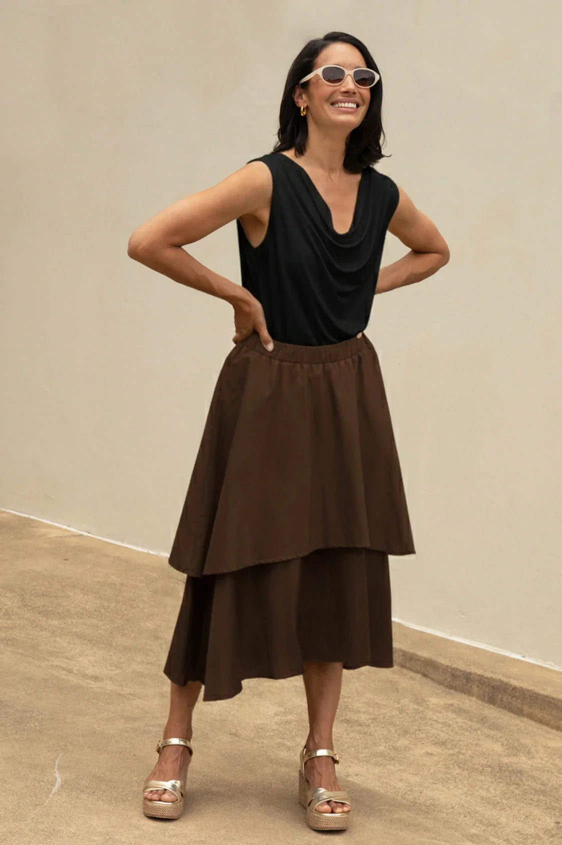 Vivian Flared Tiered Midi Skirt Brown
