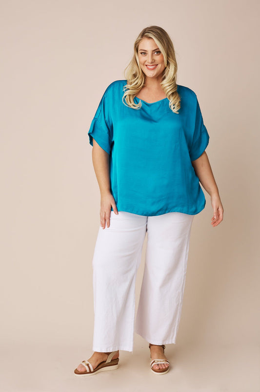 Bianca Short Sleeve Top Capri Blue with V Neck