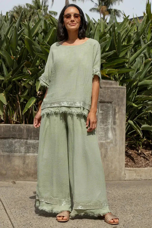 Antonia Wide Leg Linen Sequinned Pants in Mint