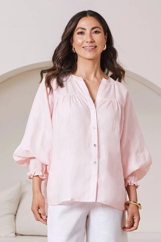 Adriana Long Sleeve Linen Top in Blush