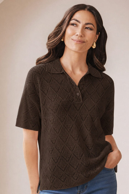 Coco Knitted Short Sleeve Collared Top Chocolate