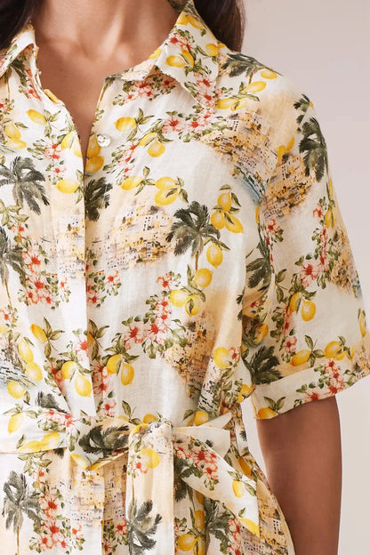 Positano Floral Mid Sleeve Collared Linen Midi Dress