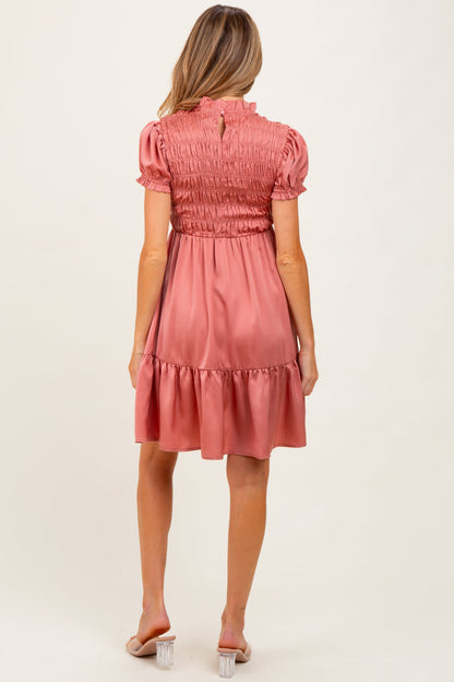 Mauve Satin Smocked Mock Neck Maternity Dress