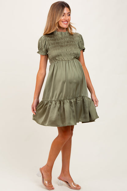 Light Olive Satin Smocked Mock Neck Maternity Dress