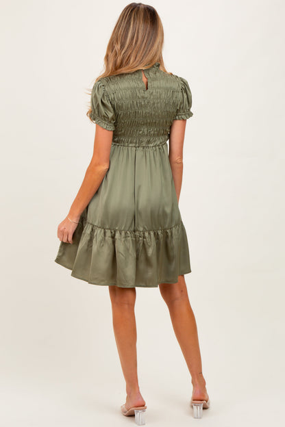 Light Olive Satin Smocked Mock Neck Maternity Dress