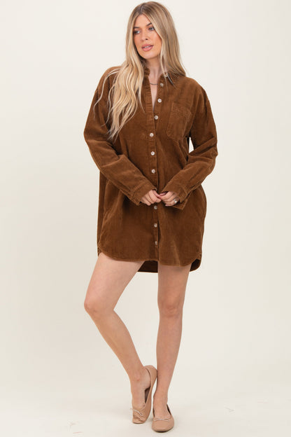 Camel Corduroy Maternity Shirt Mini Dress