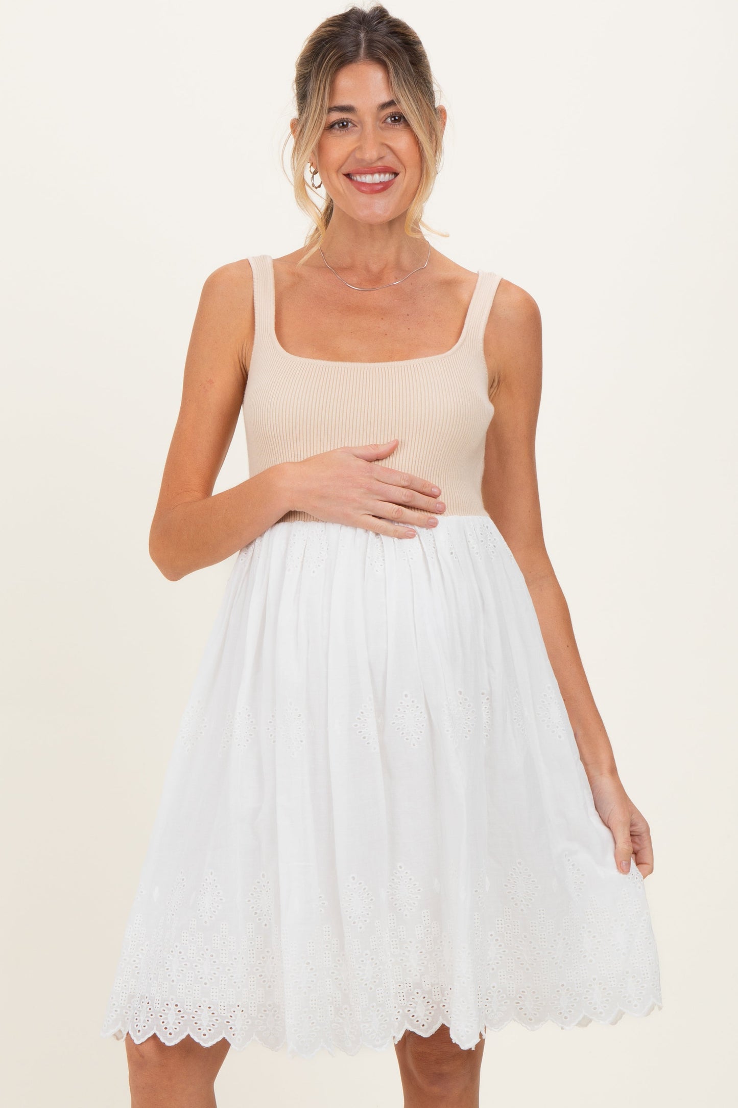 Beige Knit Contrast Eyelet Lace Skirt Maternity Mini Dress