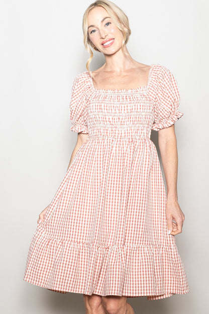 Rust Gingham Smocked Puff Sleeve Maternity Dress