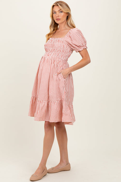 Rust Gingham Smocked Puff Sleeve Maternity Dress