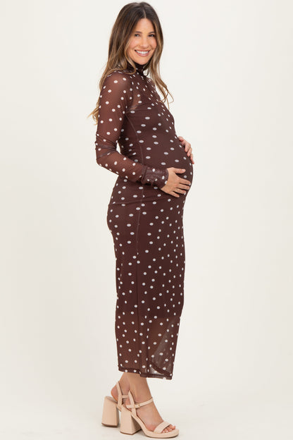 Mocha Polka Dot Mesh Overlay Maternity Midi Dress
