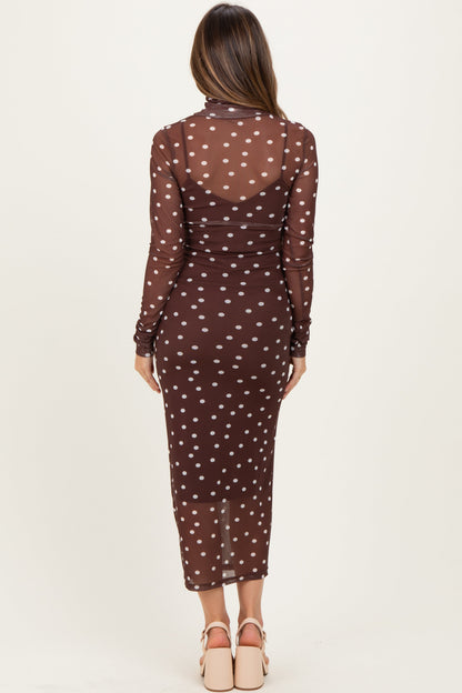 Mocha Polka Dot Mesh Overlay Maternity Midi Dress