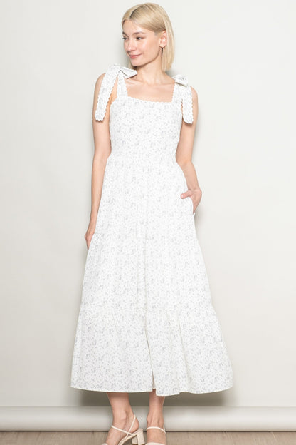 Ivory Floral Lace Trim Shoulder Tie Maternity Maxi Dress