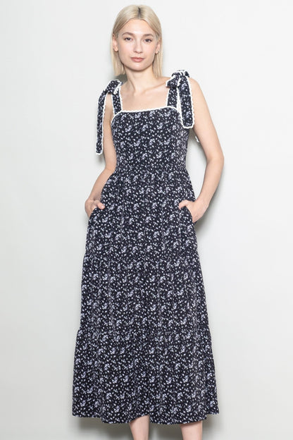Black Floral Lace Trim Shoulder Tie Maternity Maxi Dress