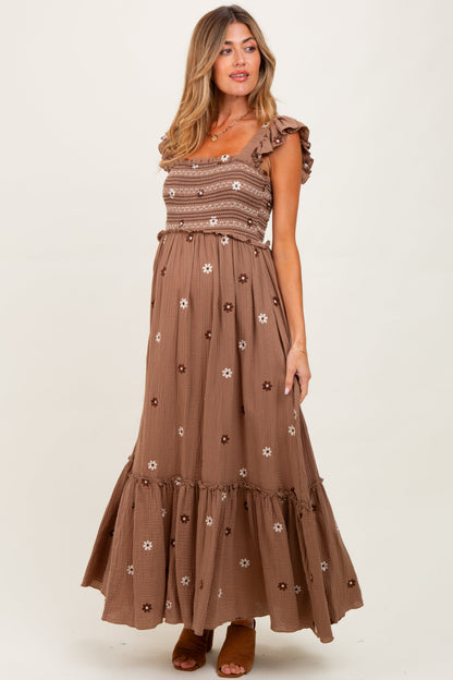 Mocha Floral Embroidered Smocked Maternity Maxi Dress