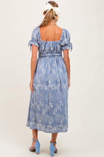 Denim Blue Floral Embroidered Maternity Midi Dress