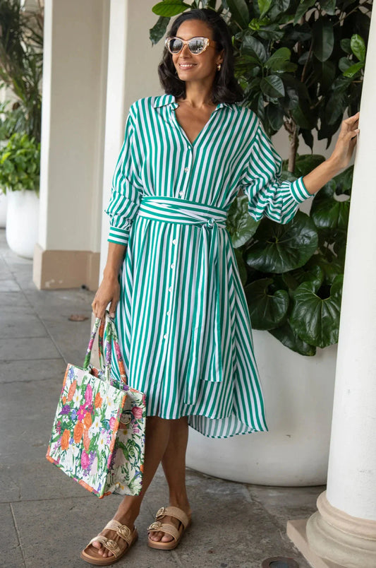 Francesca Long Sleeve Striped Midi Dress Emerald and White
