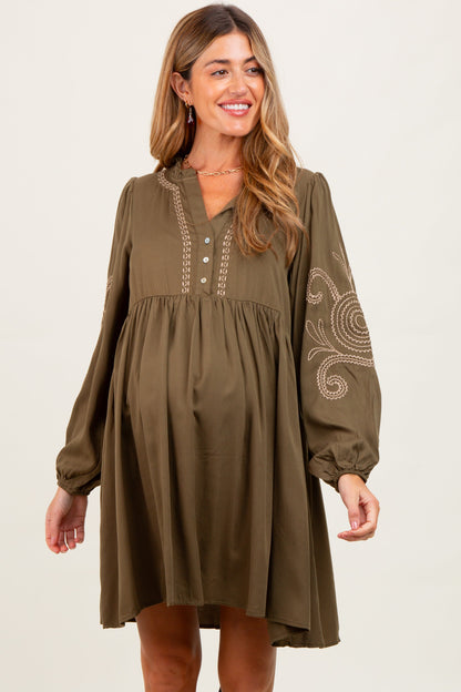 Olive Embroidered V-Neck Long Sleeve Maternity Dress