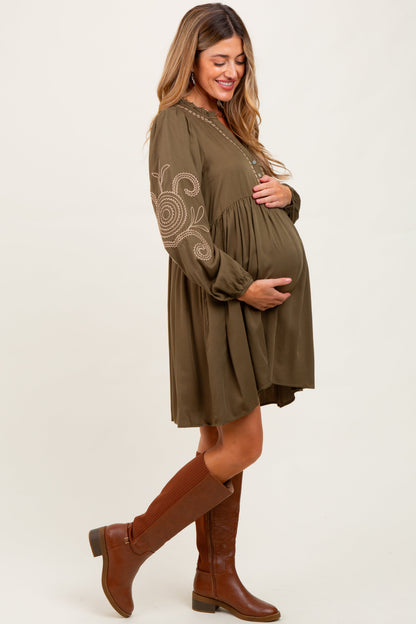 Olive Embroidered V-Neck Long Sleeve Maternity Dress