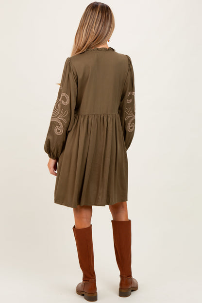 Olive Embroidered V-Neck Long Sleeve Maternity Dress