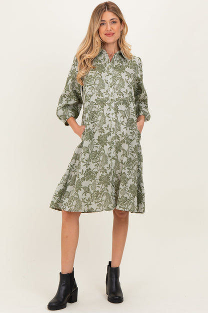 Olive Floral Button Down 3/4 Sleeve Maternity Midi Dress