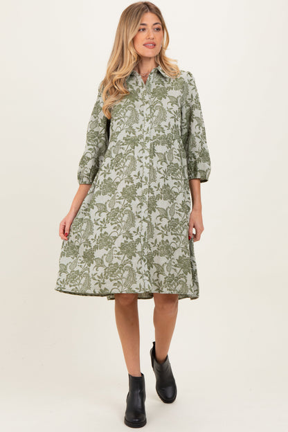 Olive Floral Button Down 3/4 Sleeve Maternity Midi Dress