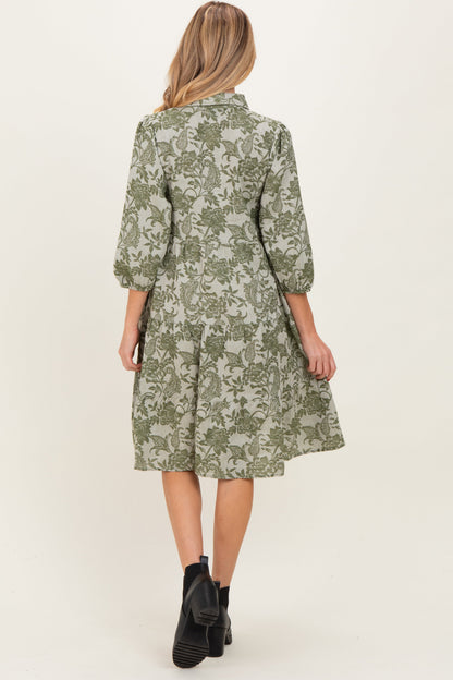 Olive Floral Button Down 3/4 Sleeve Maternity Midi Dress