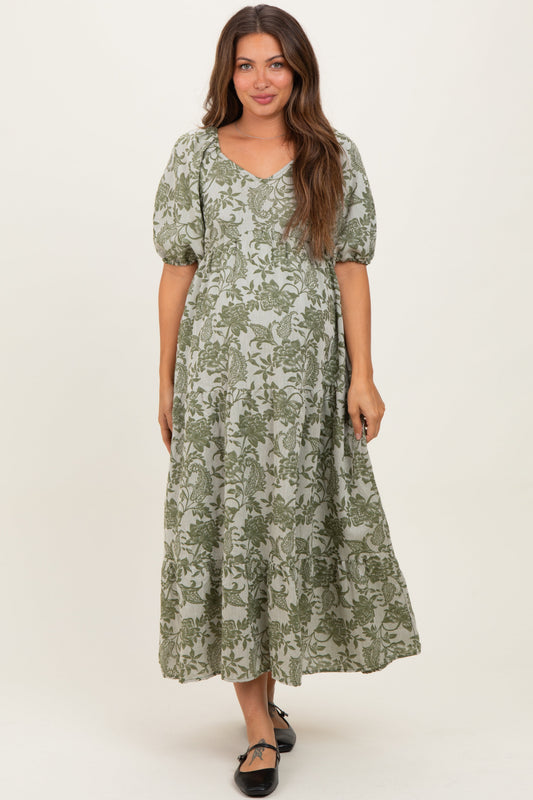 Olive Floral V-Neck 3/4 Sleeve Maternity Midi Dress