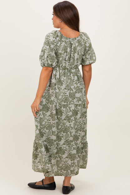 Olive Floral V-Neck 3/4 Sleeve Maternity Midi Dress