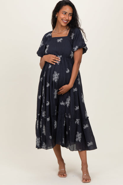 Navy Floral Embroidered Puff Sleeve Maternity Midi Dress