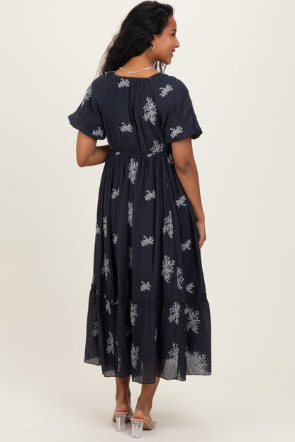 Navy Floral Embroidered Puff Sleeve Maternity Midi Dress