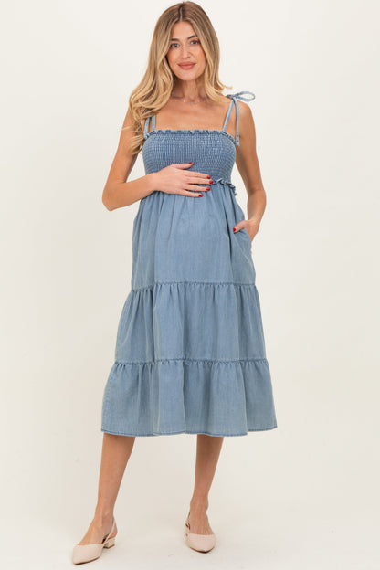Light Blue Vintage Wash Denim Smocked Maternity Dress