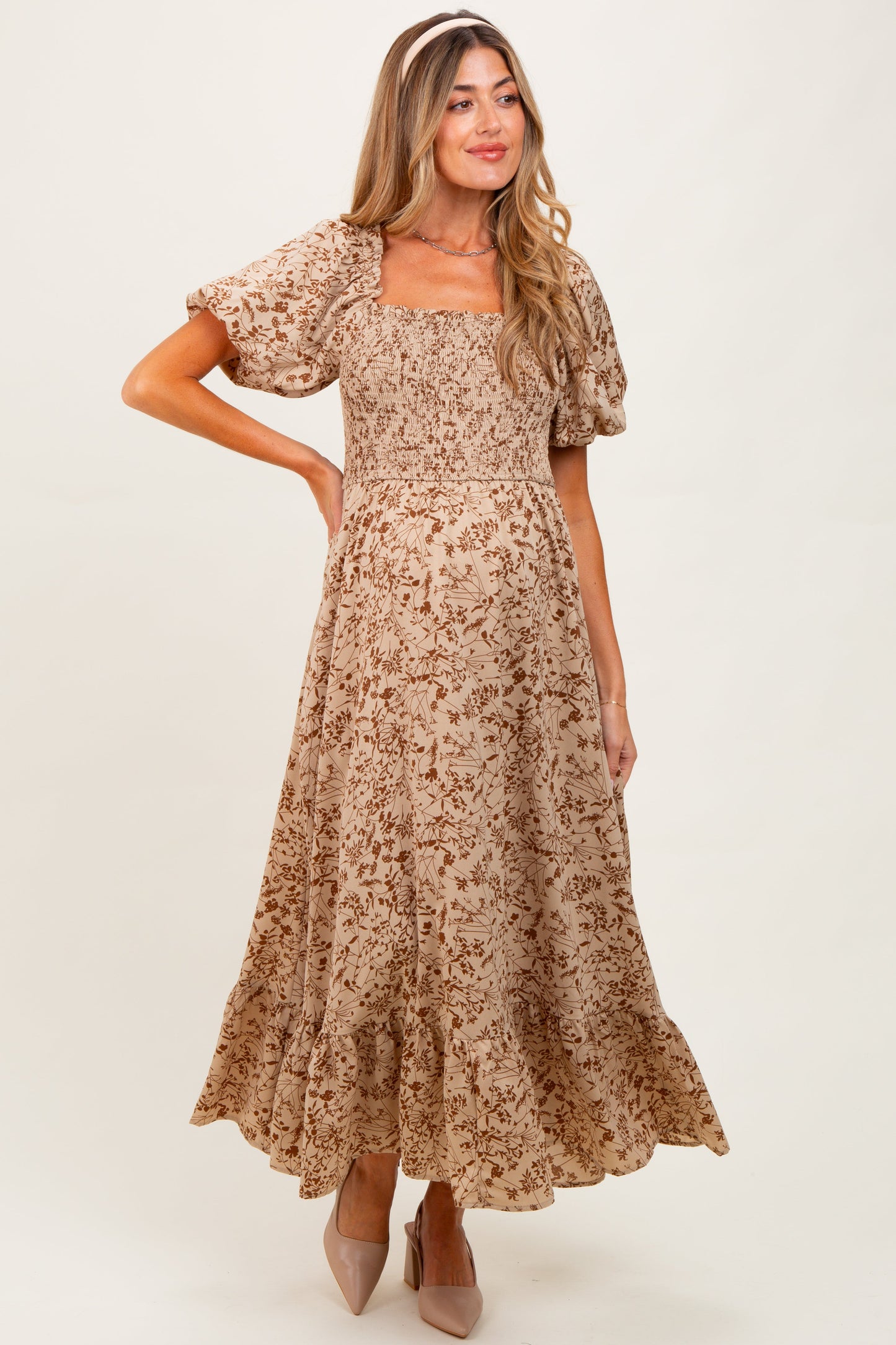 Mocha Leaf Print Smocked Square Neck Puff Sleeve Maternity Maxi Dress