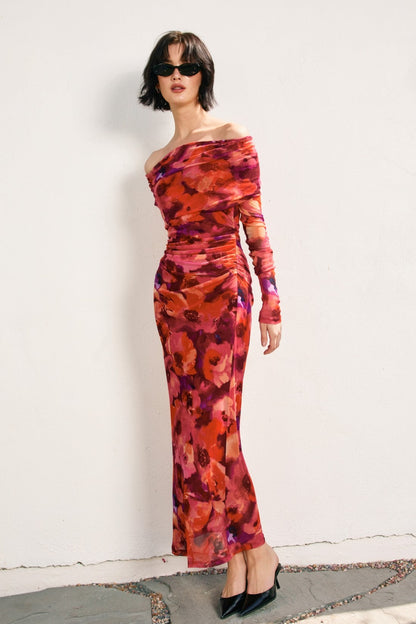 Red Floral Mesh Off Shoulder Long Sleeve Maternity Maxi Dress
