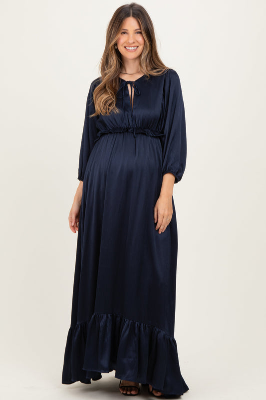 Navy Solid Satin Long Sleeve Open V-Neck Ruffle Waist Tiered Maternity Maxi Dress