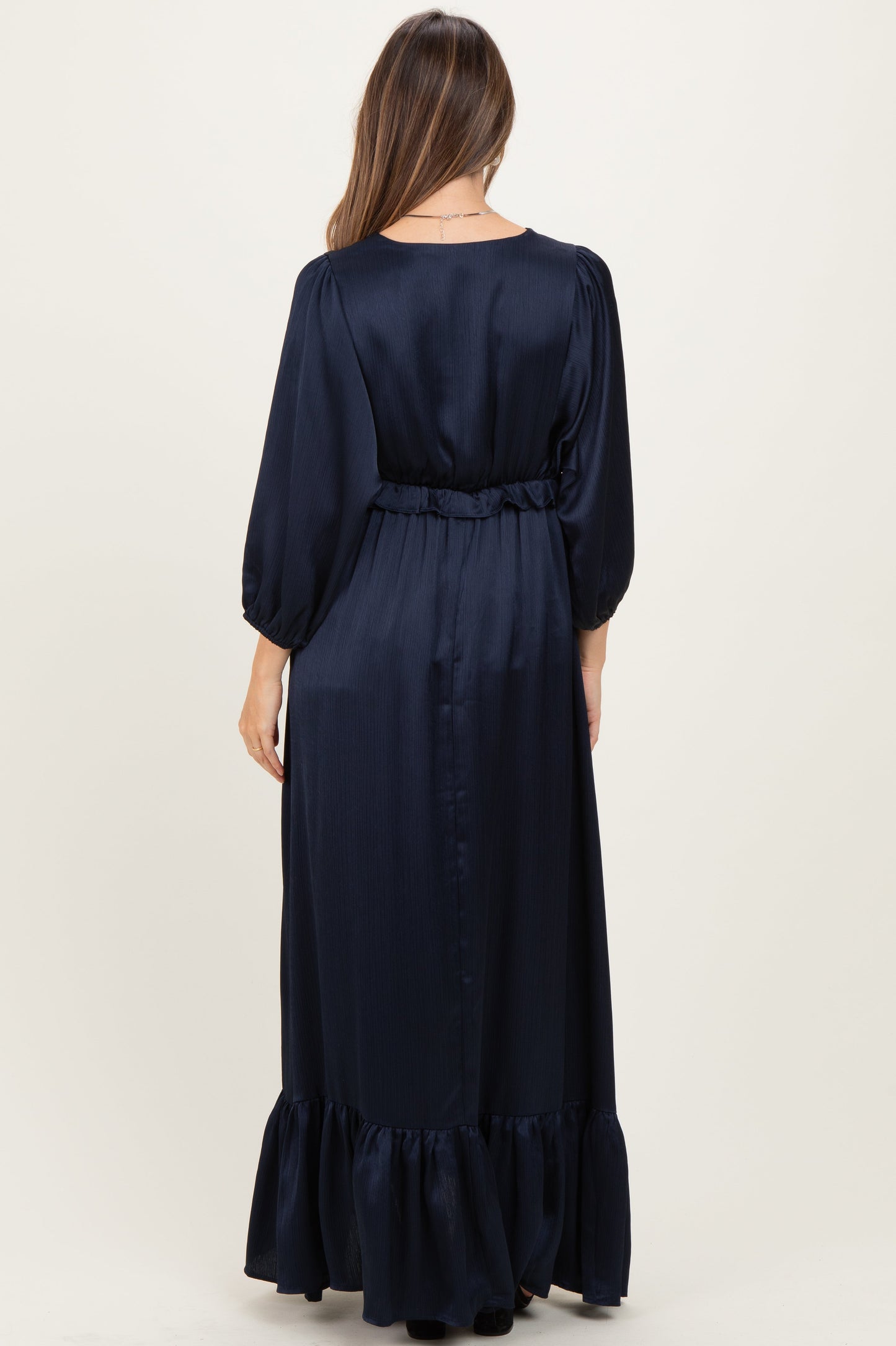 Navy Solid Satin Long Sleeve Open V-Neck Ruffle Waist Tiered Maternity Maxi Dress