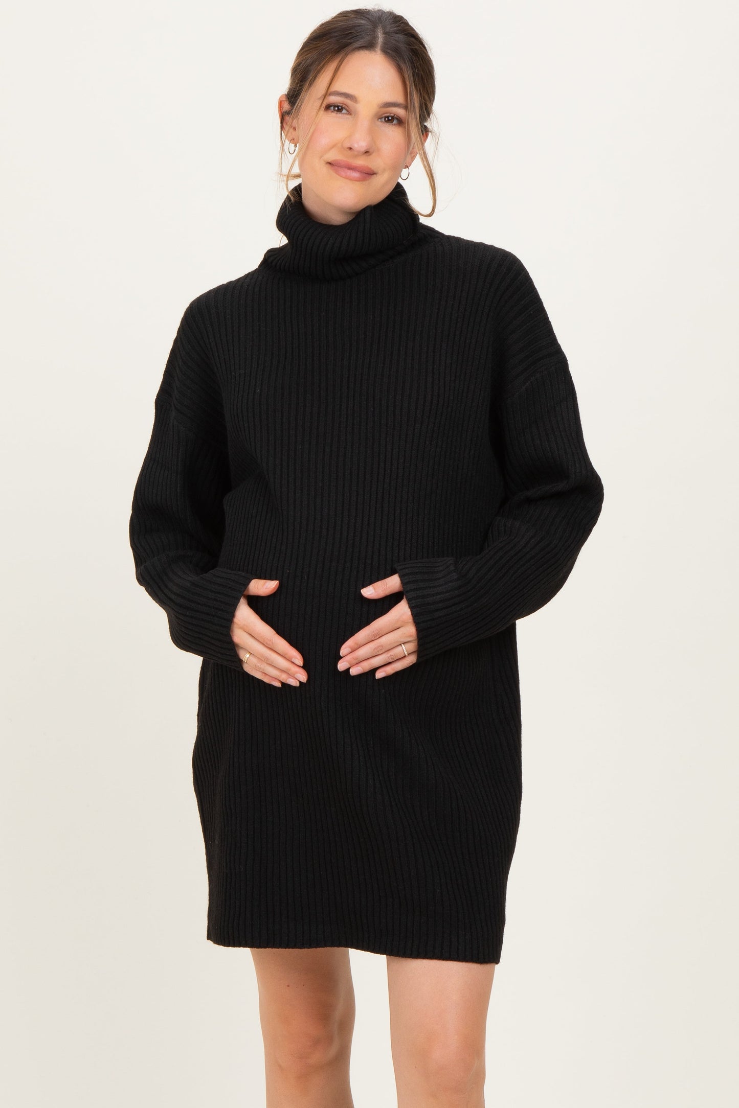 Black Turtleneck Chunky Knit Maternity Sweater Dress
