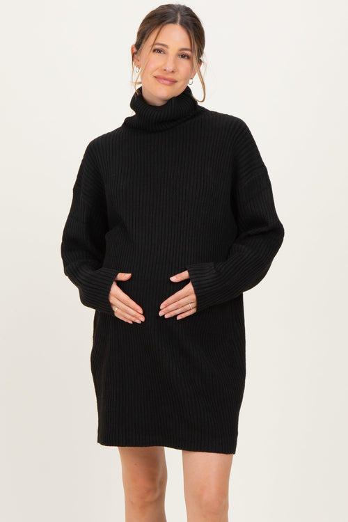Black Turtleneck Chunky Knit Maternity Sweater Dress
