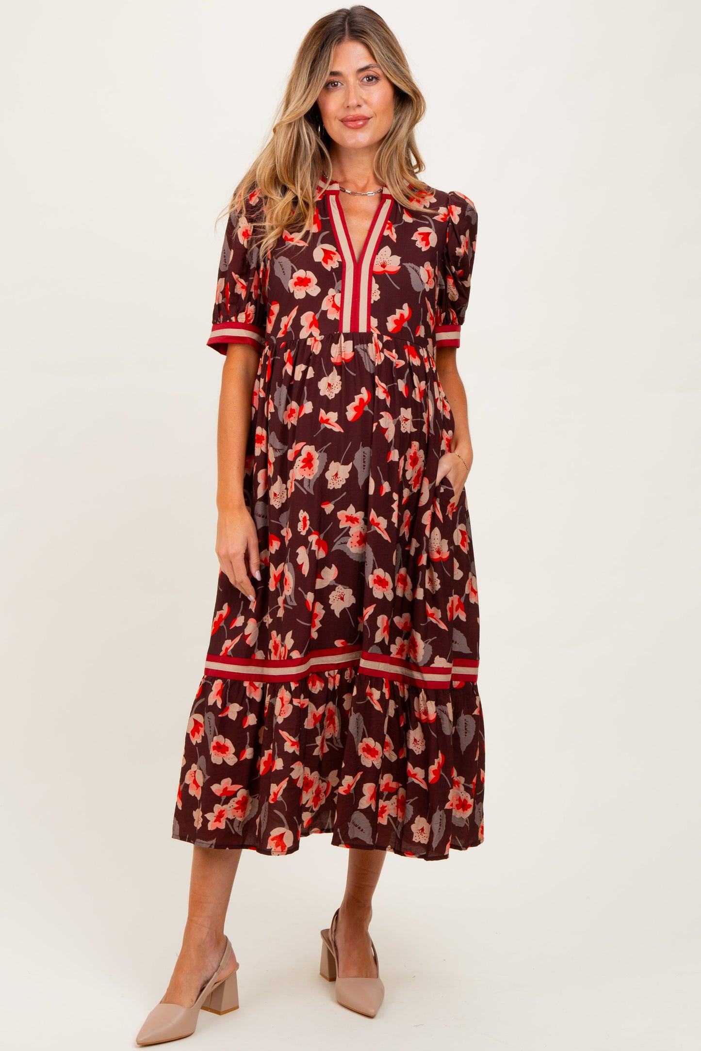 Brown Floral Contrast Trim Maternity Midi Dress